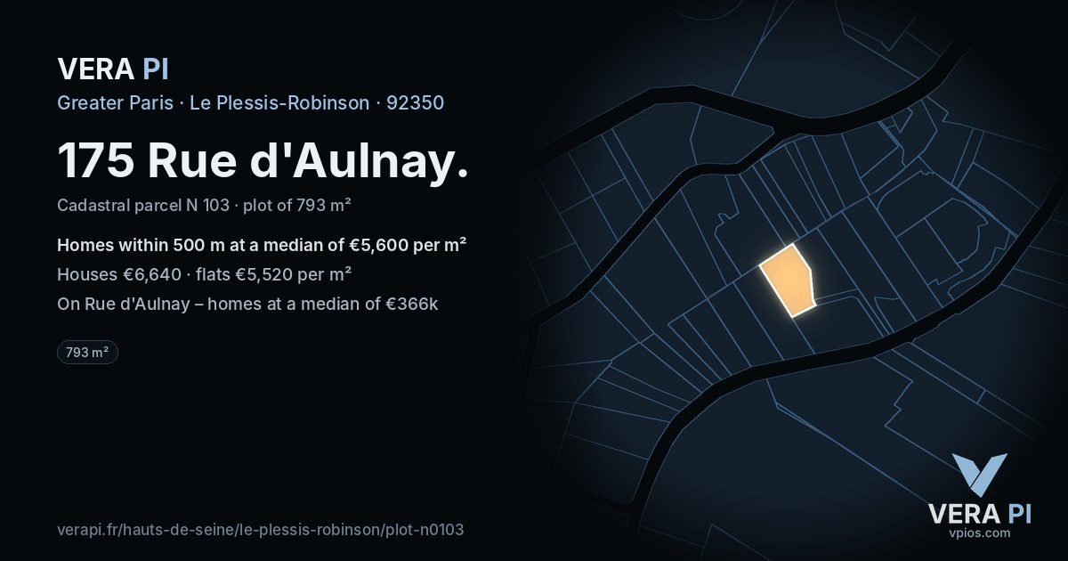 175 Rue d'Aulnay, Le Plessis-Robinson at night – the plot lit, the parcels around coloured by the prices near them