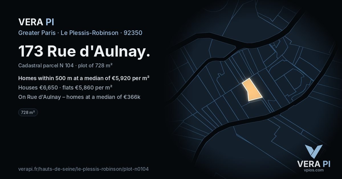 173 Rue d'Aulnay, Le Plessis-Robinson at night – the plot lit, the parcels around coloured by the prices near them