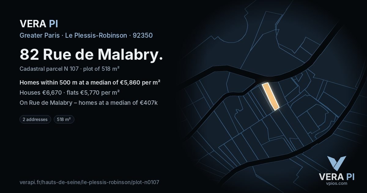 82 Rue de Malabry, Le Plessis-Robinson at night – the plot lit, the parcels around coloured by the prices near them