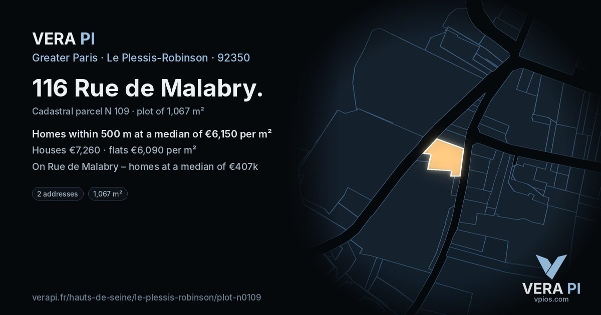 116 Rue de Malabry, Le Plessis-Robinson at night – the plot lit, the parcels around coloured by the prices near them