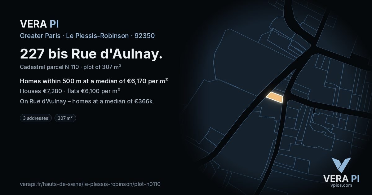 227 bis Rue d'Aulnay, Le Plessis-Robinson at night – the plot lit, the parcels around coloured by the prices near them