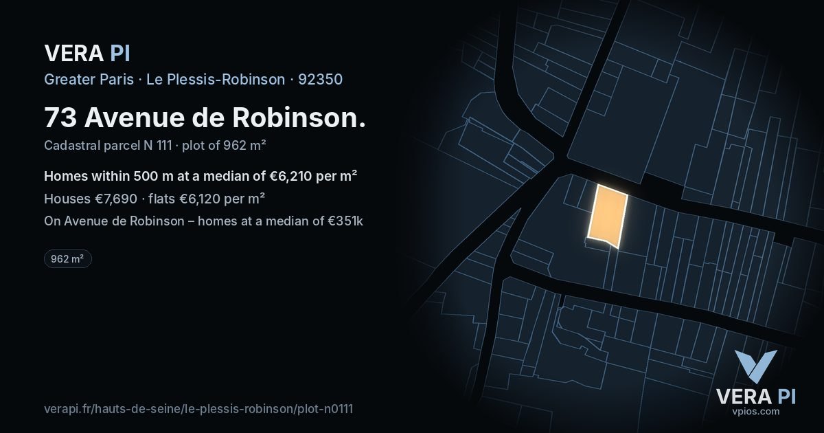 73 Avenue de Robinson, Le Plessis-Robinson at night – the plot lit, the parcels around coloured by the prices near them
