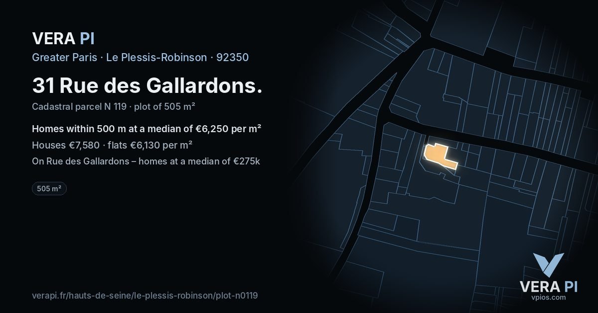 31 Rue des Gallardons, Le Plessis-Robinson at night – the plot lit, the parcels around coloured by the prices near them