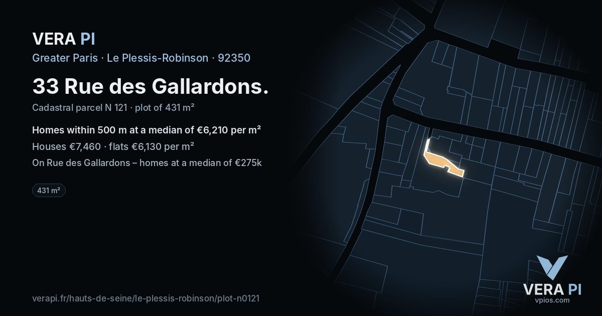 33 Rue des Gallardons, Le Plessis-Robinson at night – the plot lit, the parcels around coloured by the prices near them