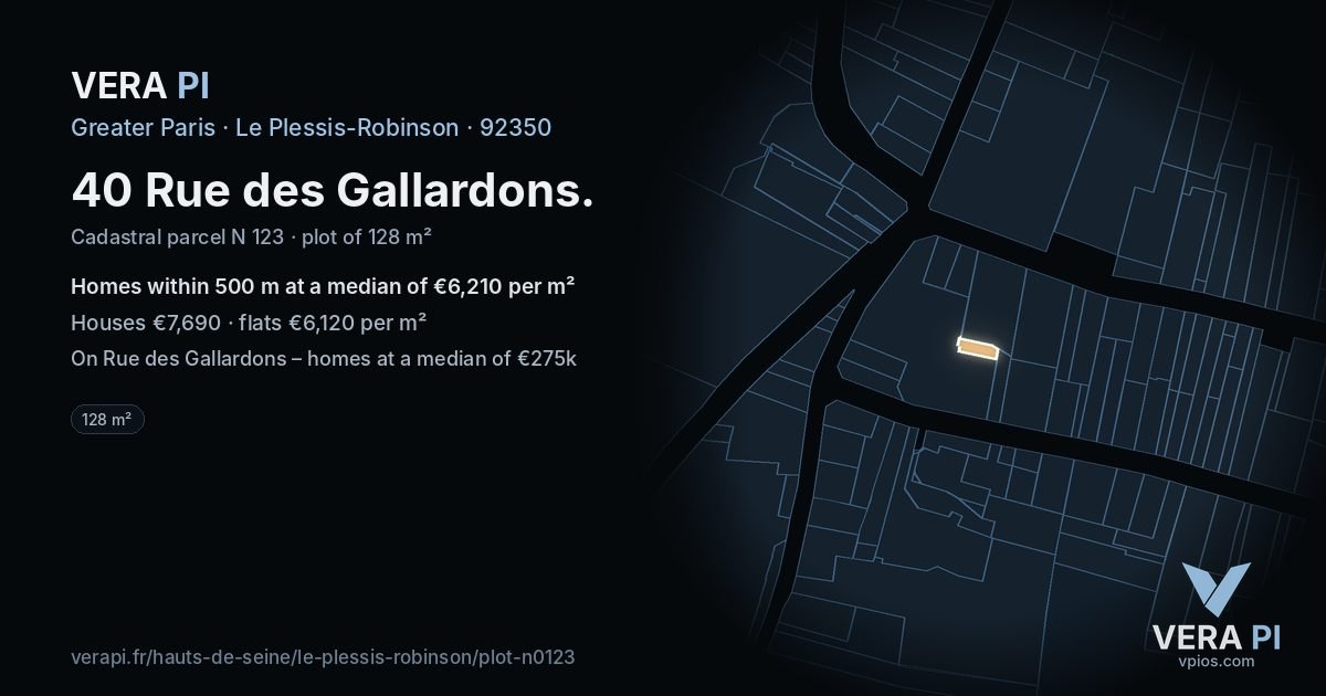 40 Rue des Gallardons, Le Plessis-Robinson at night – the plot lit, the parcels around coloured by the prices near them