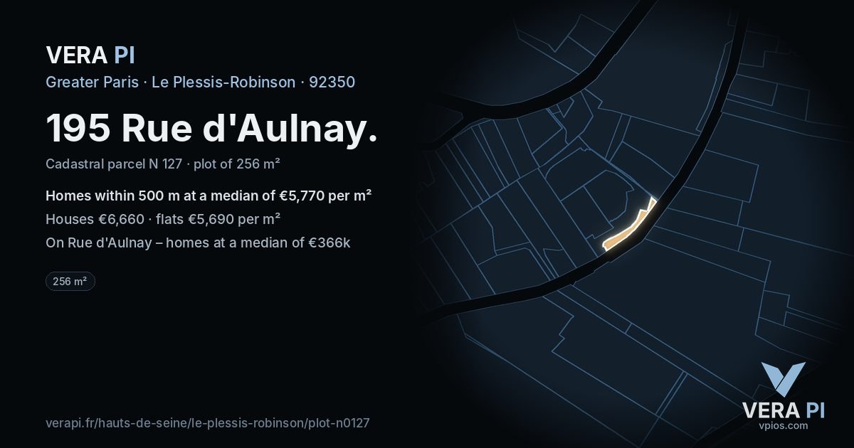 195 Rue d'Aulnay, Le Plessis-Robinson at night – the plot lit, the parcels around coloured by the prices near them