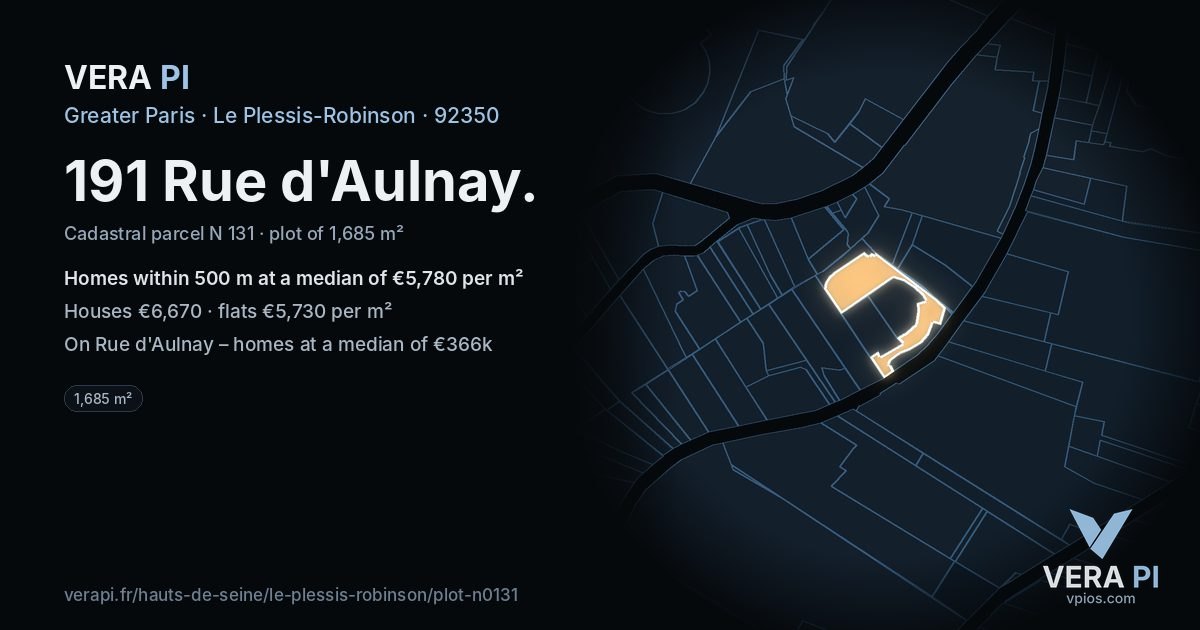 191 Rue d'Aulnay, Le Plessis-Robinson at night – the plot lit, the parcels around coloured by the prices near them