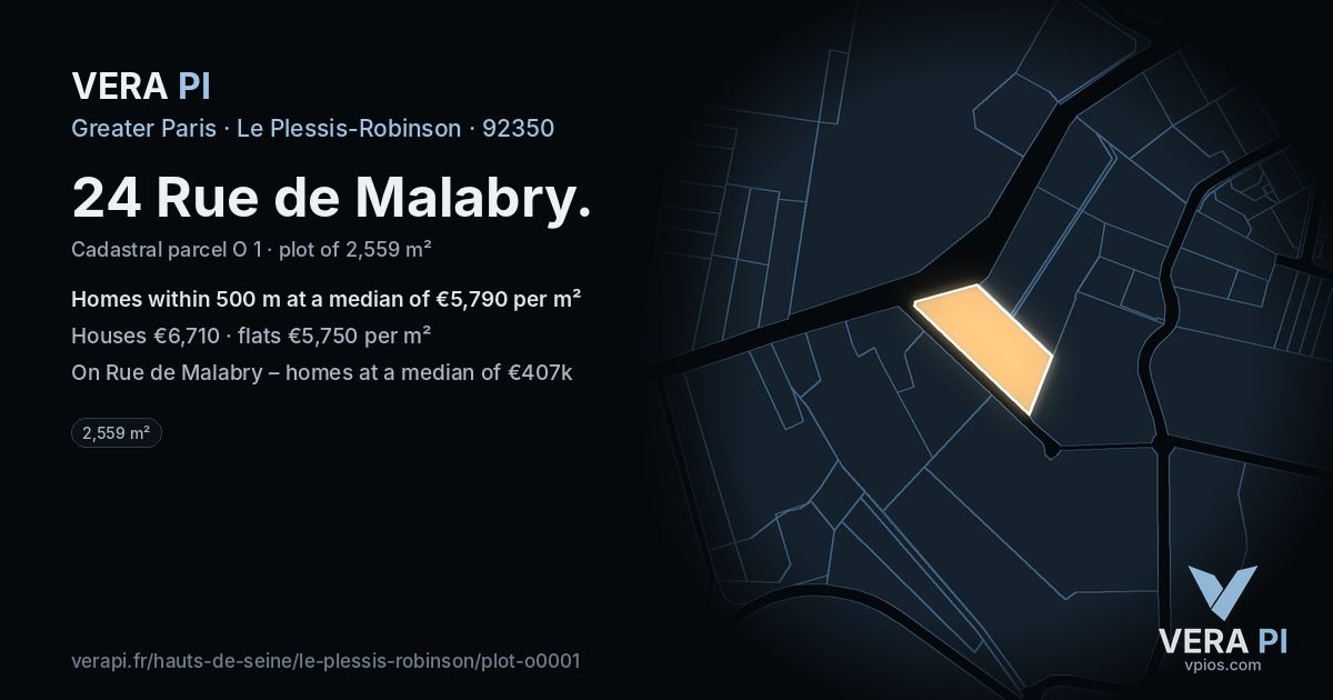 24 Rue de Malabry, Le Plessis-Robinson at night – the plot lit, the parcels around coloured by the prices near them