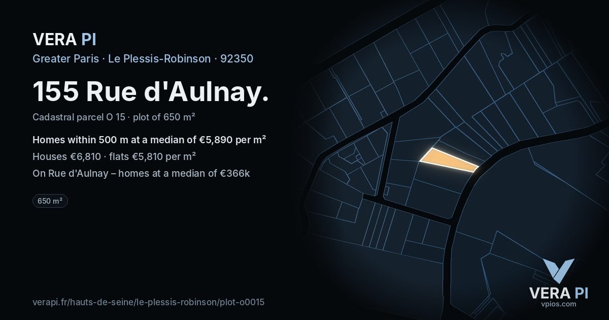 155 Rue d'Aulnay, Le Plessis-Robinson at night – the plot lit, the parcels around coloured by the prices near them