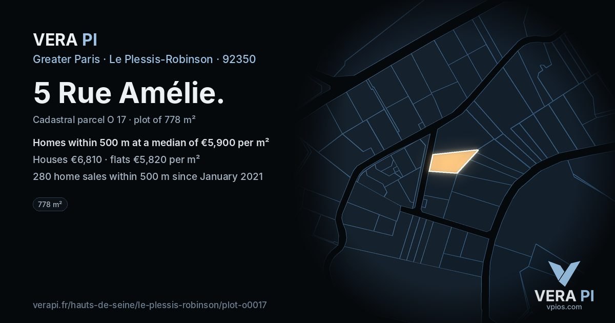 5 Rue Amélie, Le Plessis-Robinson at night – the plot lit, the parcels around coloured by the prices near them