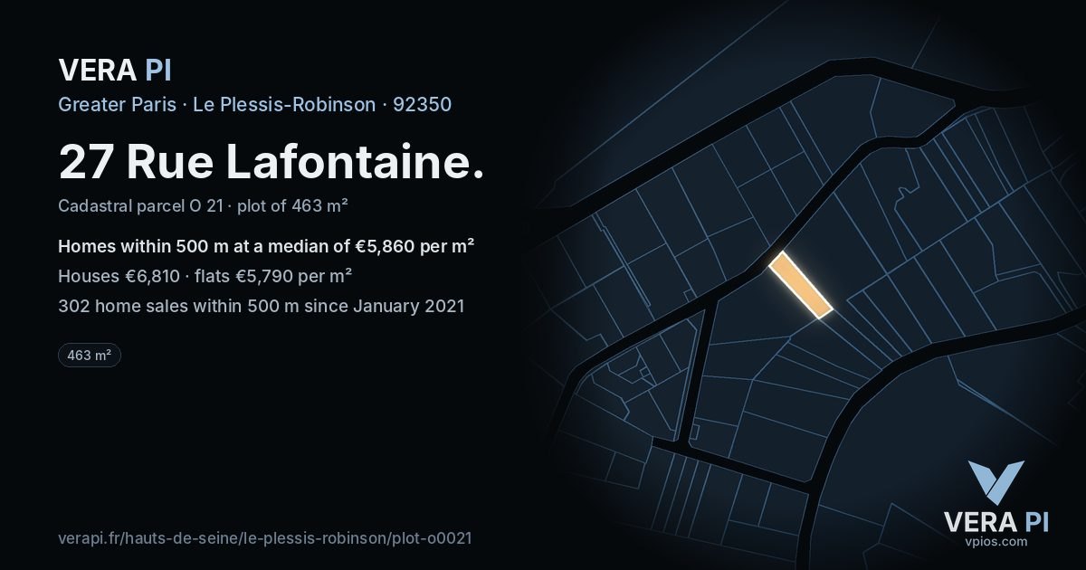 27 Rue Lafontaine, Le Plessis-Robinson at night – the plot lit, the parcels around coloured by the prices near them