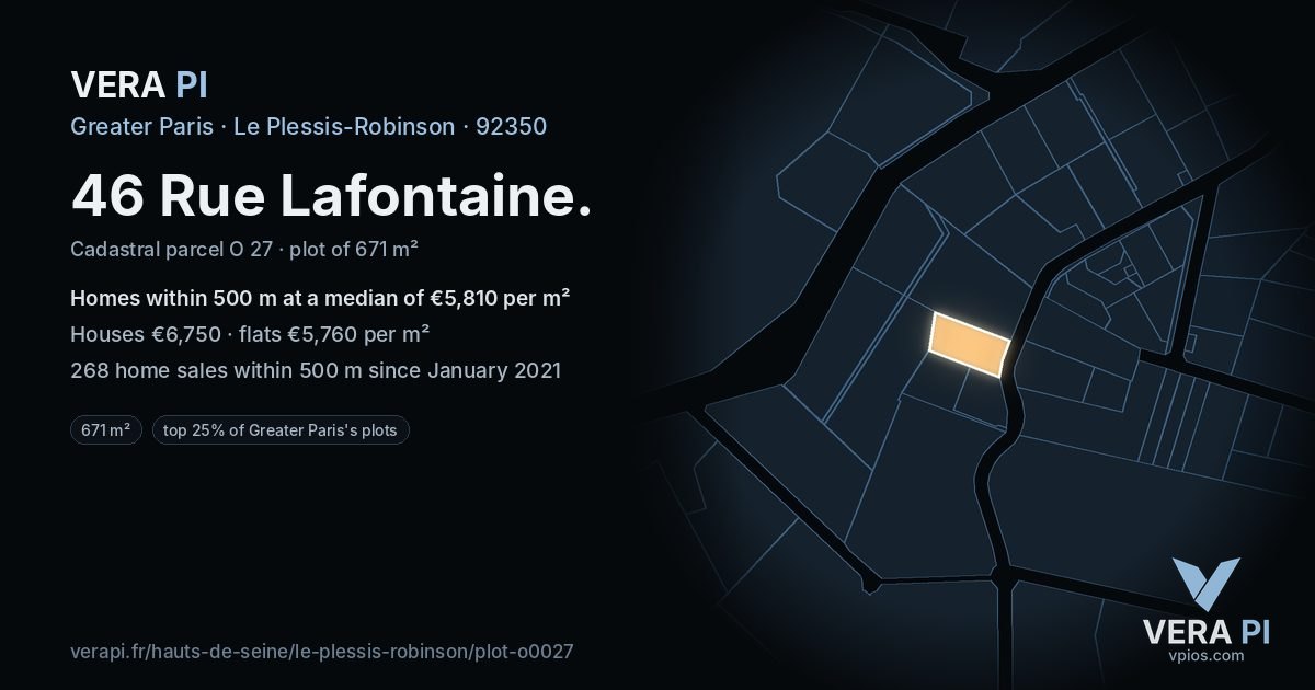 46 Rue Lafontaine, Le Plessis-Robinson at night – the plot lit, the parcels around coloured by the prices near them
