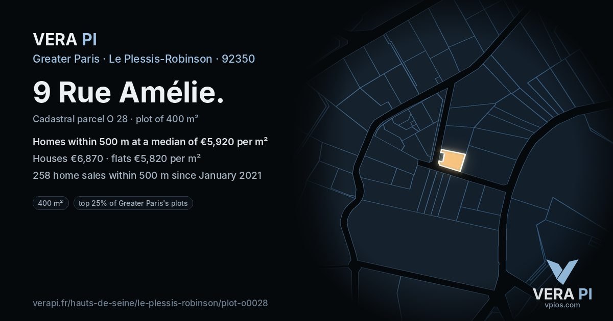 9 Rue Amélie, Le Plessis-Robinson at night – the plot lit, the parcels around coloured by the prices near them