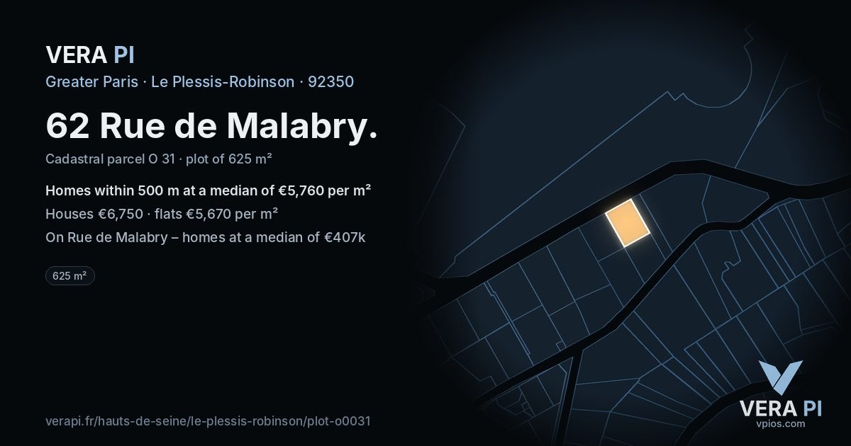 62 Rue de Malabry, Le Plessis-Robinson at night – the plot lit, the parcels around coloured by the prices near them