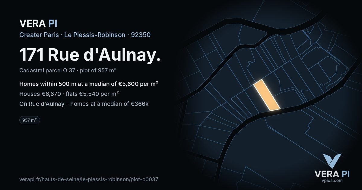 171 Rue d'Aulnay, Le Plessis-Robinson at night – the plot lit, the parcels around coloured by the prices near them