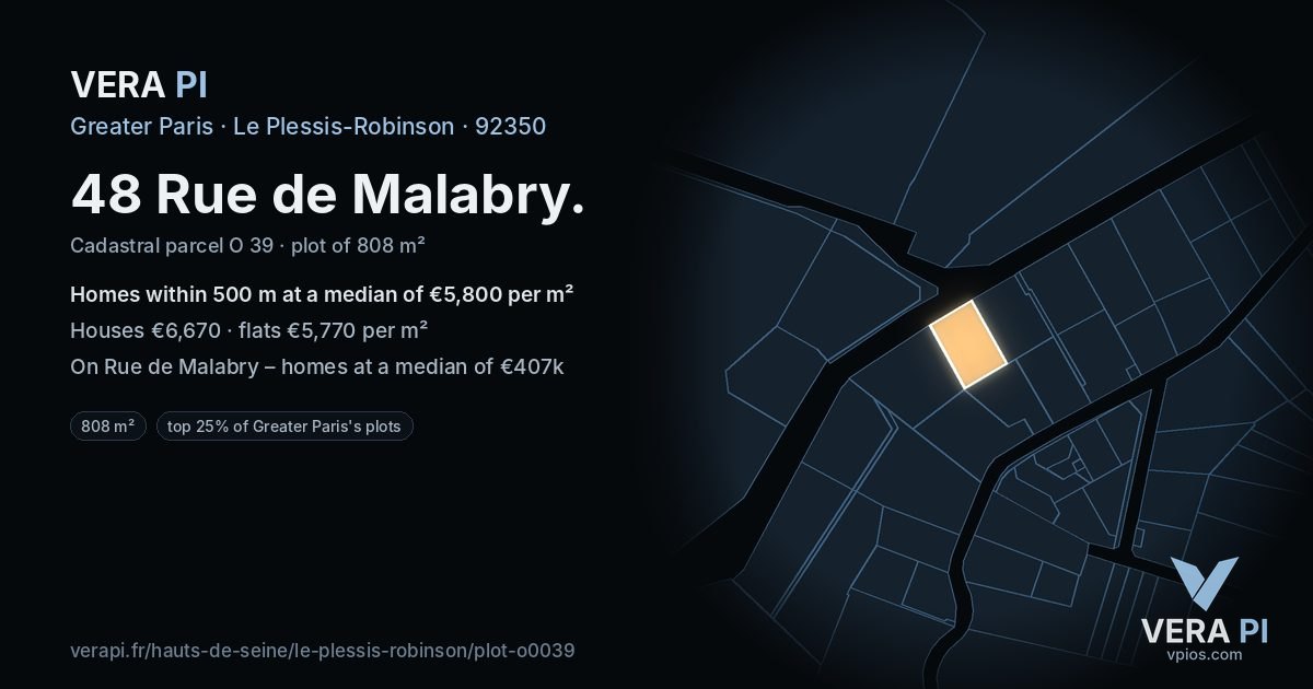 48 Rue de Malabry, Le Plessis-Robinson at night – the plot lit, the parcels around coloured by the prices near them
