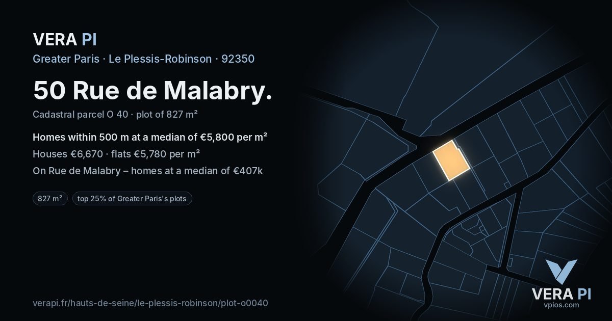 50 Rue de Malabry, Le Plessis-Robinson at night – the plot lit, the parcels around coloured by the prices near them