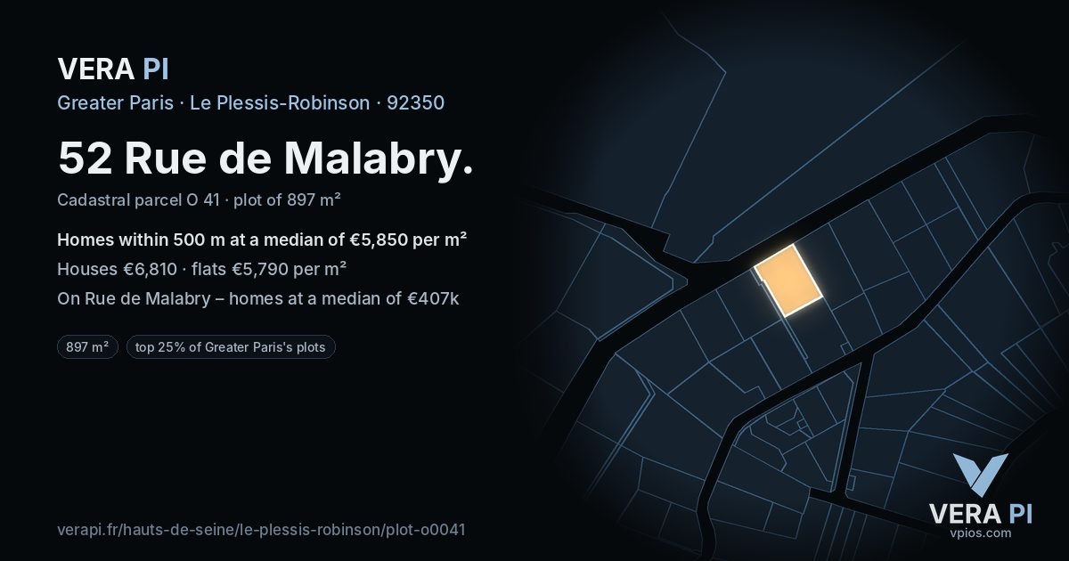 52 Rue de Malabry, Le Plessis-Robinson at night – the plot lit, the parcels around coloured by the prices near them