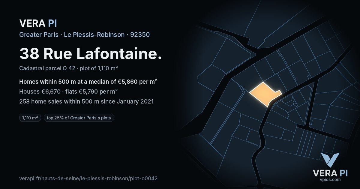 38 Rue Lafontaine, Le Plessis-Robinson at night – the plot lit, the parcels around coloured by the prices near them