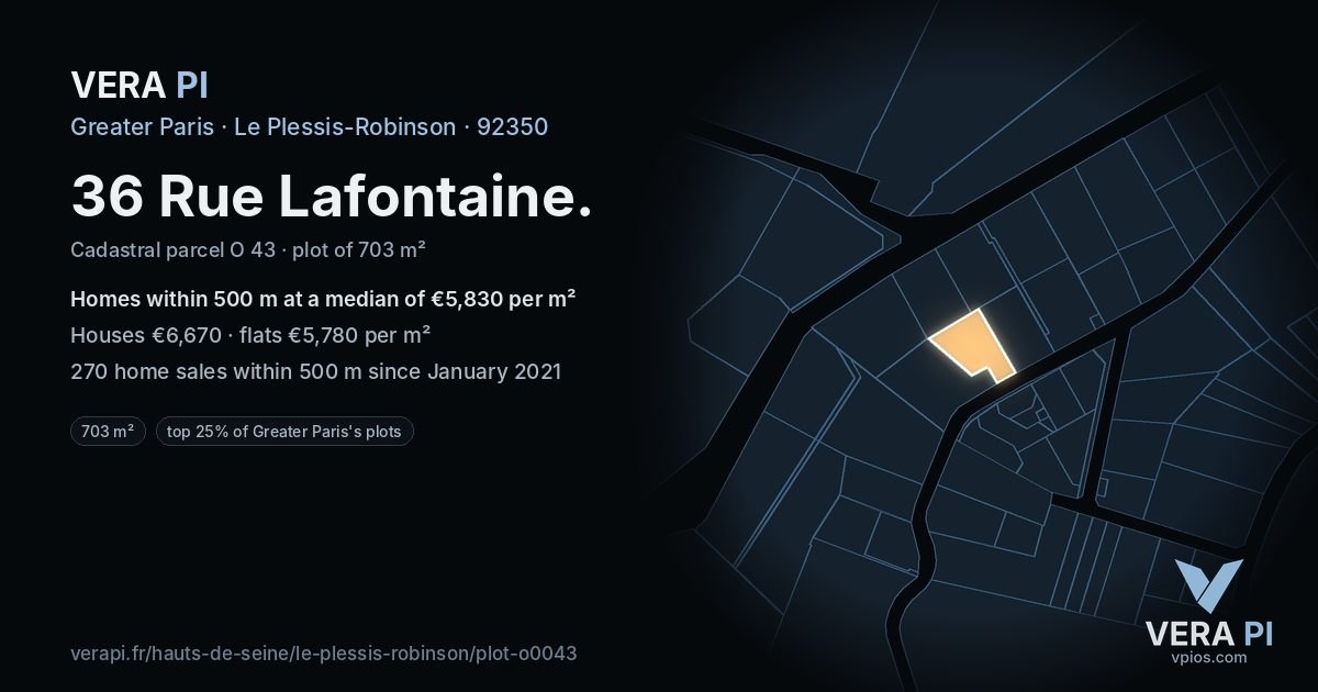 36 Rue Lafontaine, Le Plessis-Robinson at night – the plot lit, the parcels around coloured by the prices near them