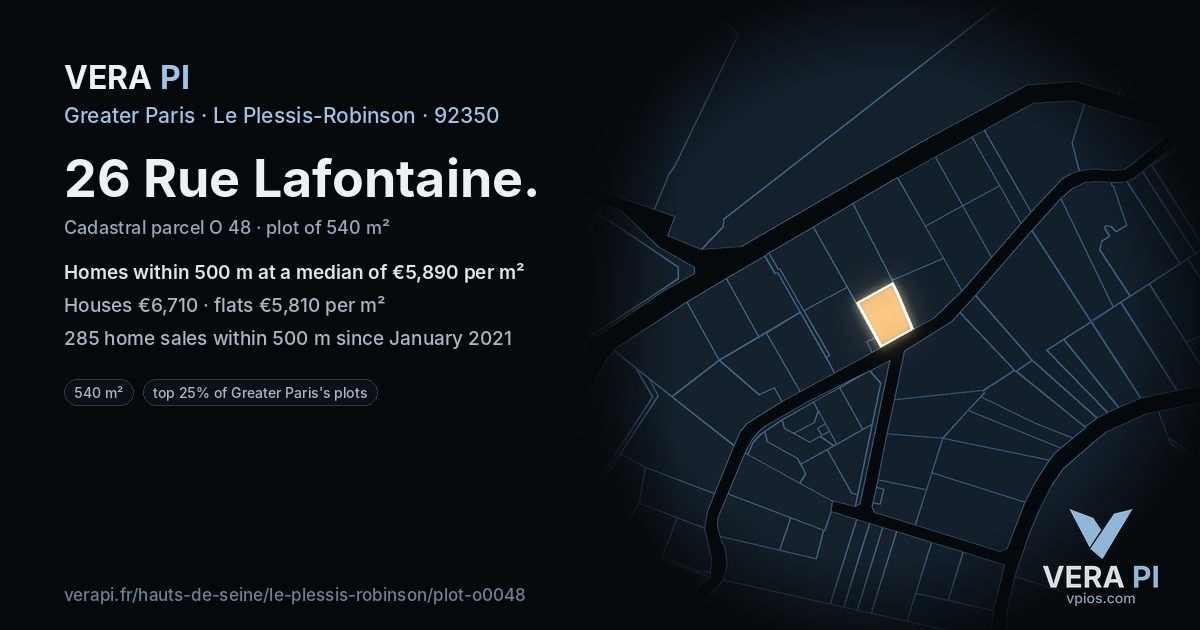 26 Rue Lafontaine, Le Plessis-Robinson at night – the plot lit, the parcels around coloured by the prices near them