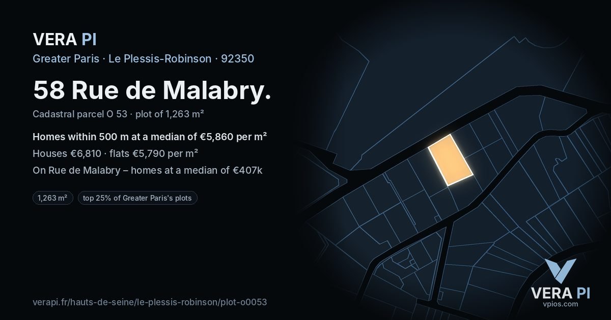 58 Rue de Malabry, Le Plessis-Robinson at night – the plot lit, the parcels around coloured by the prices near them