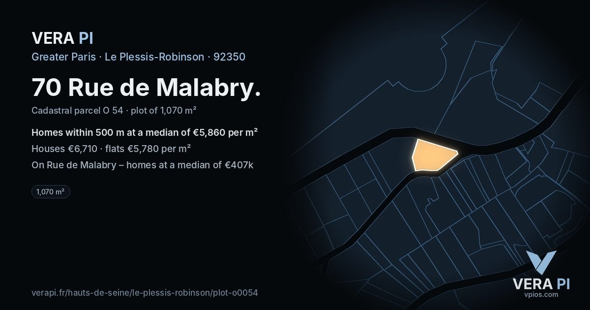70 Rue de Malabry, Le Plessis-Robinson at night – the plot lit, the parcels around coloured by the prices near them