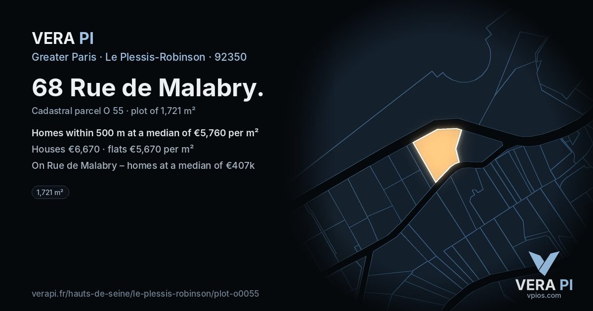 68 Rue de Malabry, Le Plessis-Robinson at night – the plot lit, the parcels around coloured by the prices near them