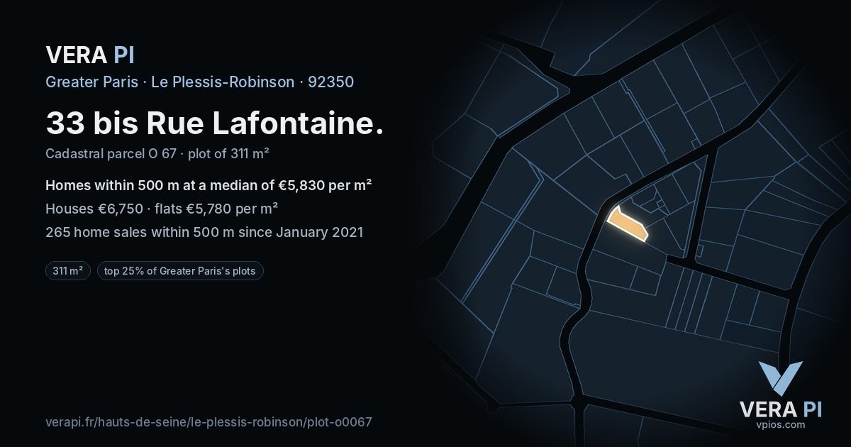 33 bis Rue Lafontaine, Le Plessis-Robinson at night – the plot lit, the parcels around coloured by the prices near them