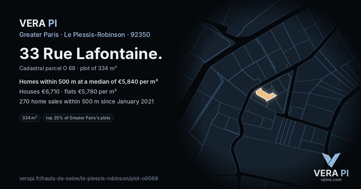 33 Rue Lafontaine, Le Plessis-Robinson at night – the plot lit, the parcels around coloured by the prices near them