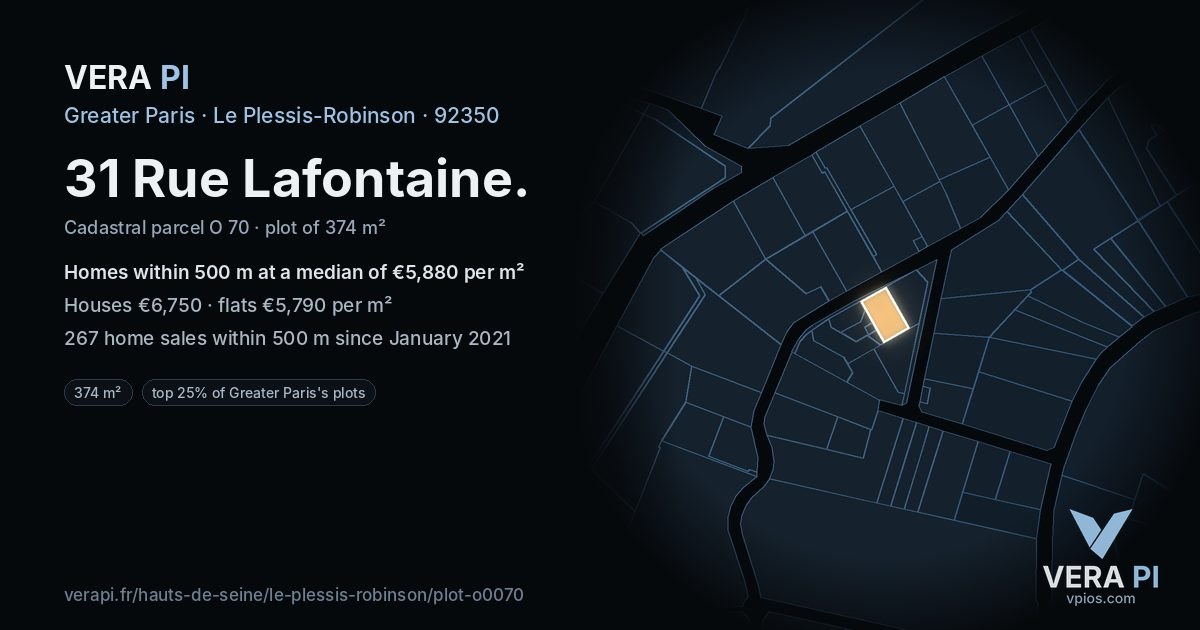 31 Rue Lafontaine, Le Plessis-Robinson at night – the plot lit, the parcels around coloured by the prices near them