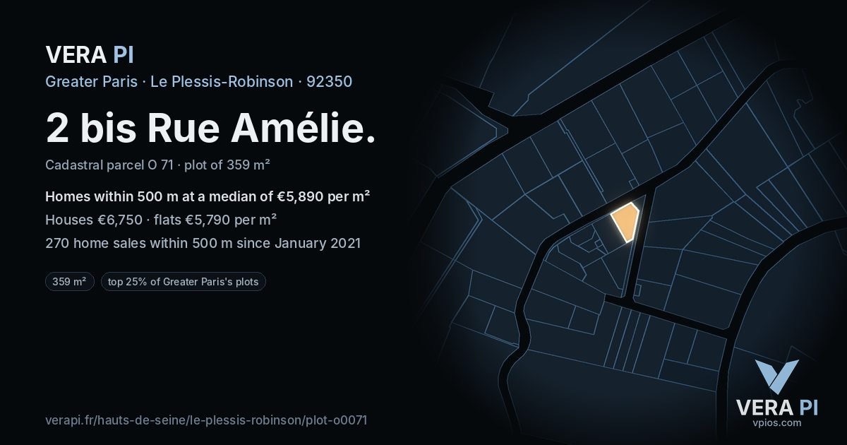 2 bis Rue Amélie, Le Plessis-Robinson at night – the plot lit, the parcels around coloured by the prices near them