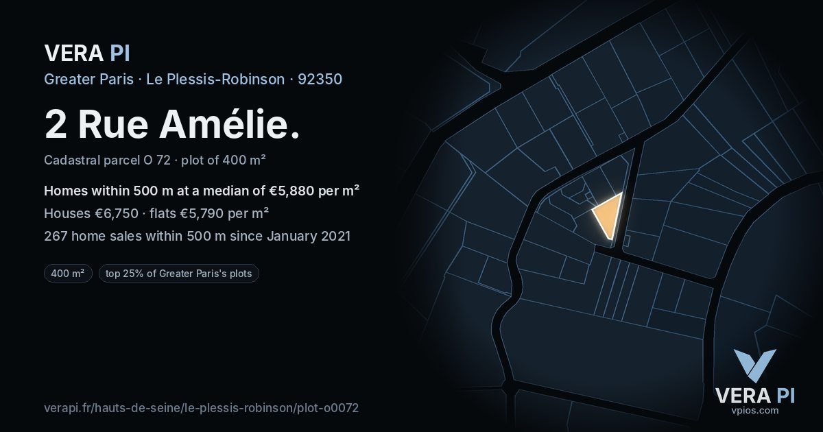 2 Rue Amélie, Le Plessis-Robinson at night – the plot lit, the parcels around coloured by the prices near them