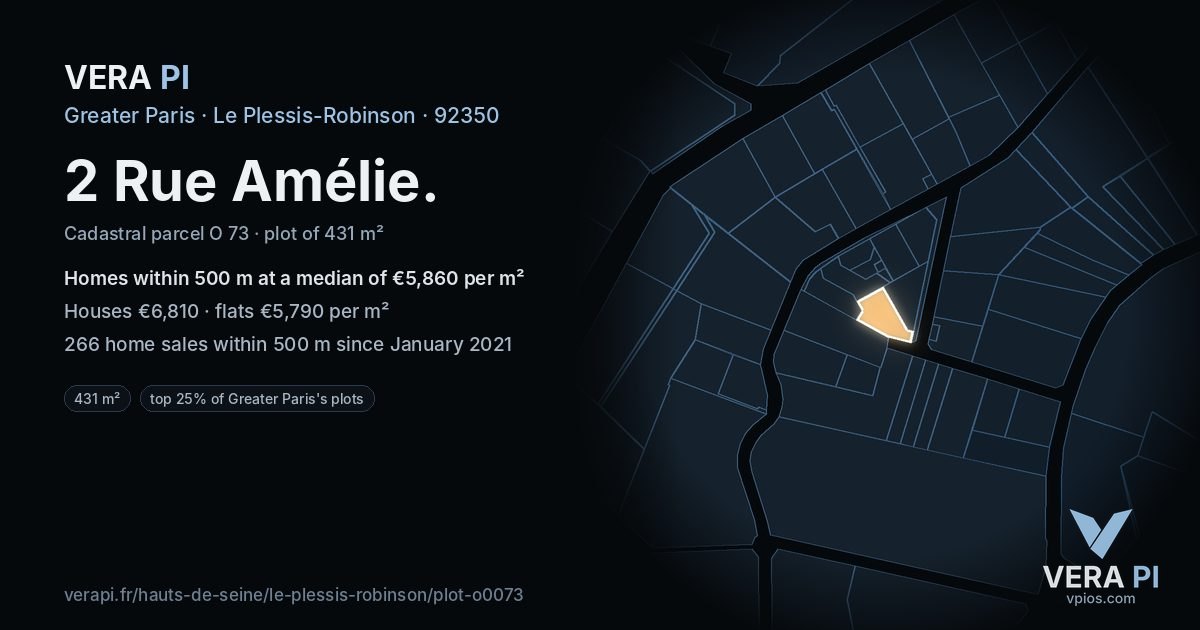 2 Rue Amélie, Le Plessis-Robinson at night – the plot lit, the parcels around coloured by the prices near them