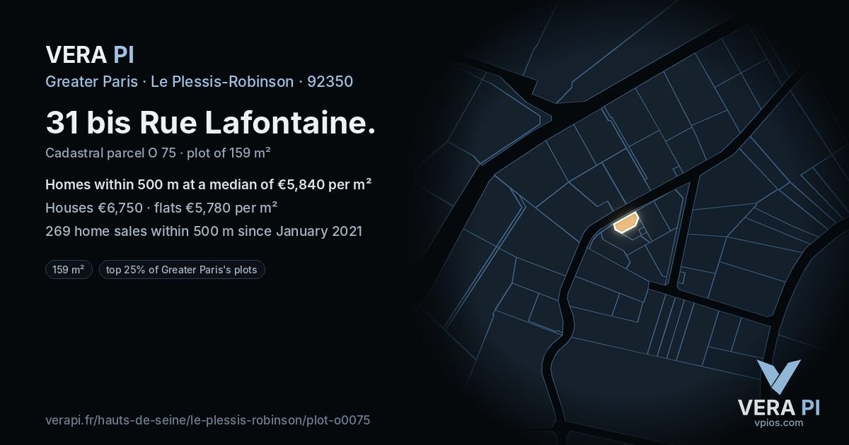 31 bis Rue Lafontaine, Le Plessis-Robinson at night – the plot lit, the parcels around coloured by the prices near them