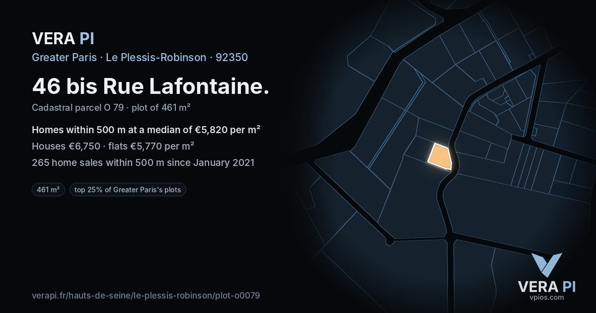 46 bis Rue Lafontaine, Le Plessis-Robinson at night – the plot lit, the parcels around coloured by the prices near them