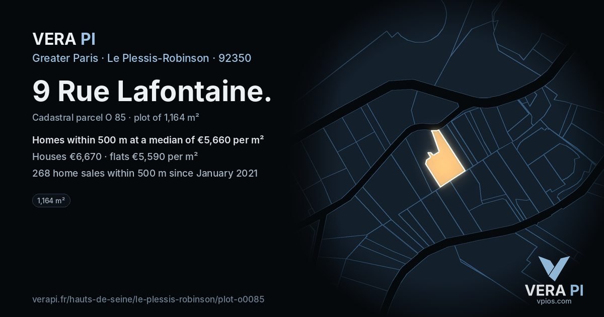 9 Rue Lafontaine, Le Plessis-Robinson at night – the plot lit, the parcels around coloured by the prices near them