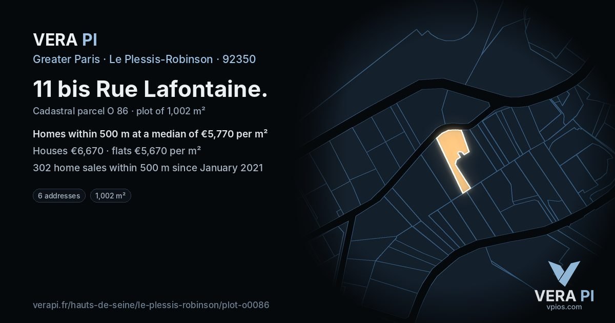 11 bis Rue Lafontaine, Le Plessis-Robinson at night – the plot lit, the parcels around coloured by the prices near them