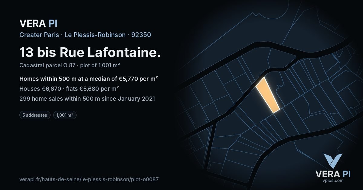 13 bis Rue Lafontaine, Le Plessis-Robinson at night – the plot lit, the parcels around coloured by the prices near them