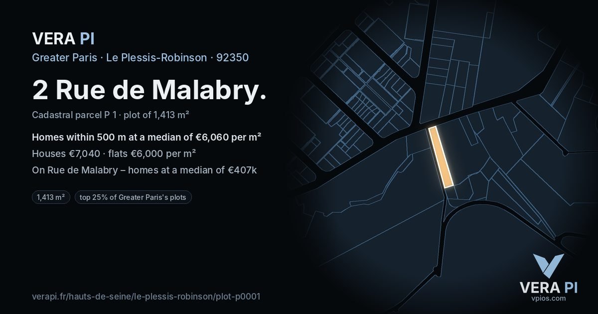 2 Rue de Malabry, Le Plessis-Robinson at night – the plot lit, the parcels around coloured by the prices near them