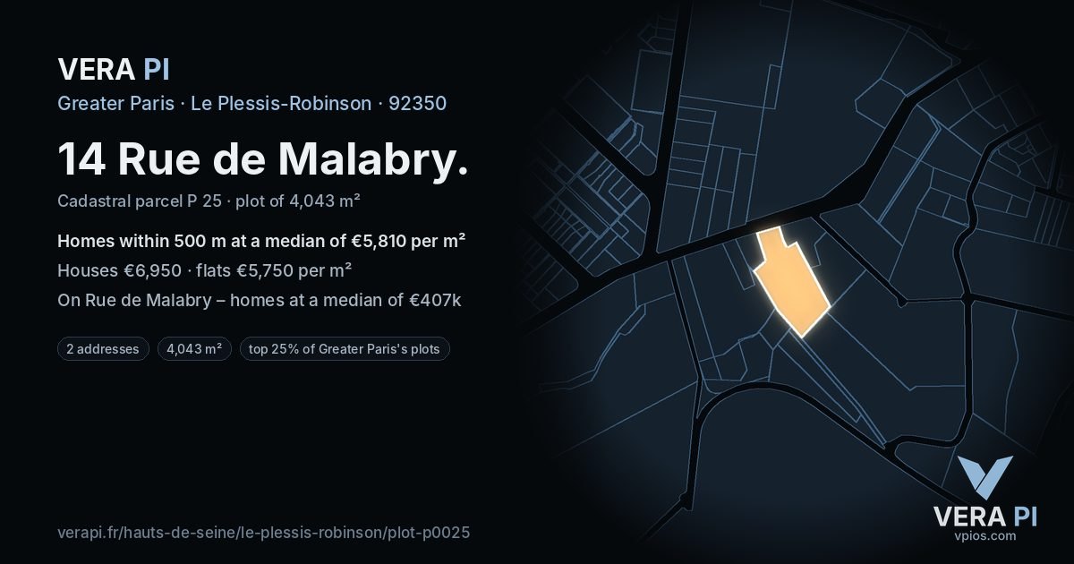 14 Rue de Malabry, Le Plessis-Robinson at night – the plot lit, the parcels around coloured by the prices near them