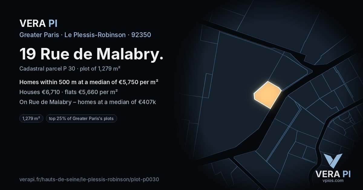 19 Rue de Malabry, Le Plessis-Robinson at night – the plot lit, the parcels around coloured by the prices near them