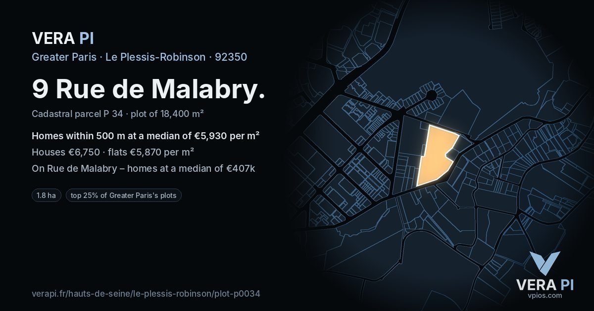 9 Rue de Malabry, Le Plessis-Robinson at night – the plot lit, the parcels around coloured by the prices near them