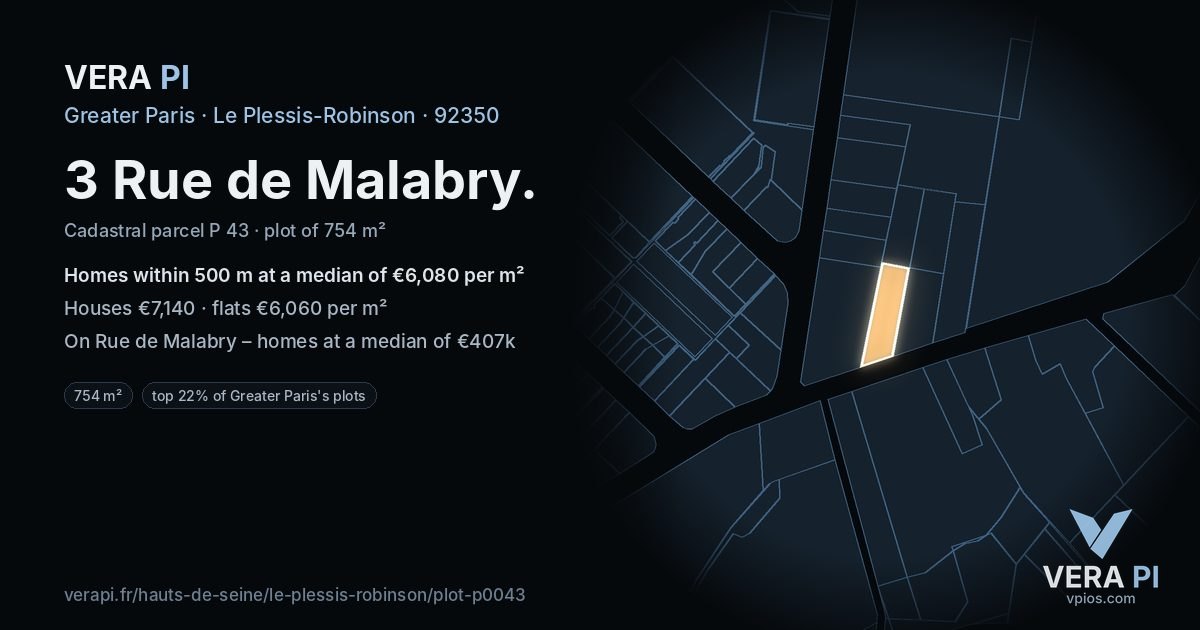 3 Rue de Malabry, Le Plessis-Robinson at night – the plot lit, the parcels around coloured by the prices near them
