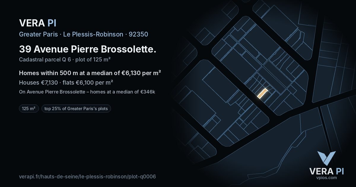 39 Avenue Pierre Brossolette, Le Plessis-Robinson at night – the plot lit, the parcels around coloured by the prices near them