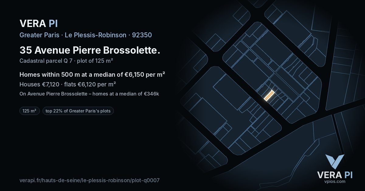 35 Avenue Pierre Brossolette, Le Plessis-Robinson at night – the plot lit, the parcels around coloured by the prices near them