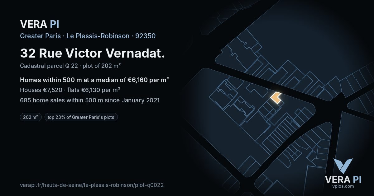32 Rue Victor Vernadat, Le Plessis-Robinson at night – the plot lit, the parcels around coloured by the prices near them