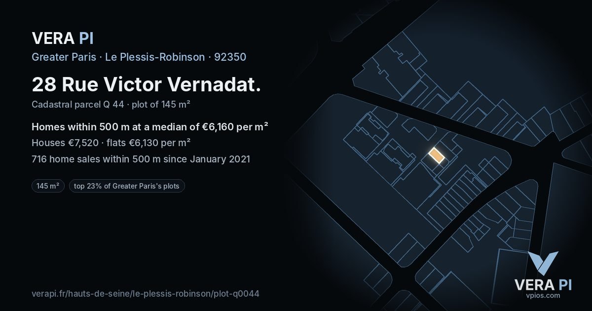 28 Rue Victor Vernadat, Le Plessis-Robinson at night – the plot lit, the parcels around coloured by the prices near them