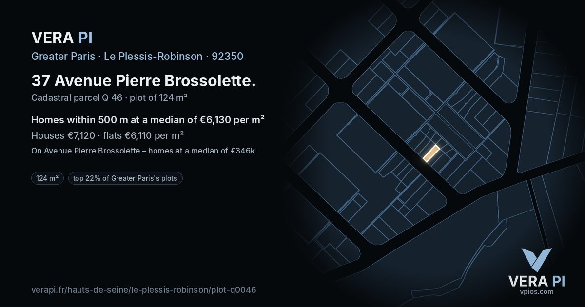 37 Avenue Pierre Brossolette, Le Plessis-Robinson at night – the plot lit, the parcels around coloured by the prices near them