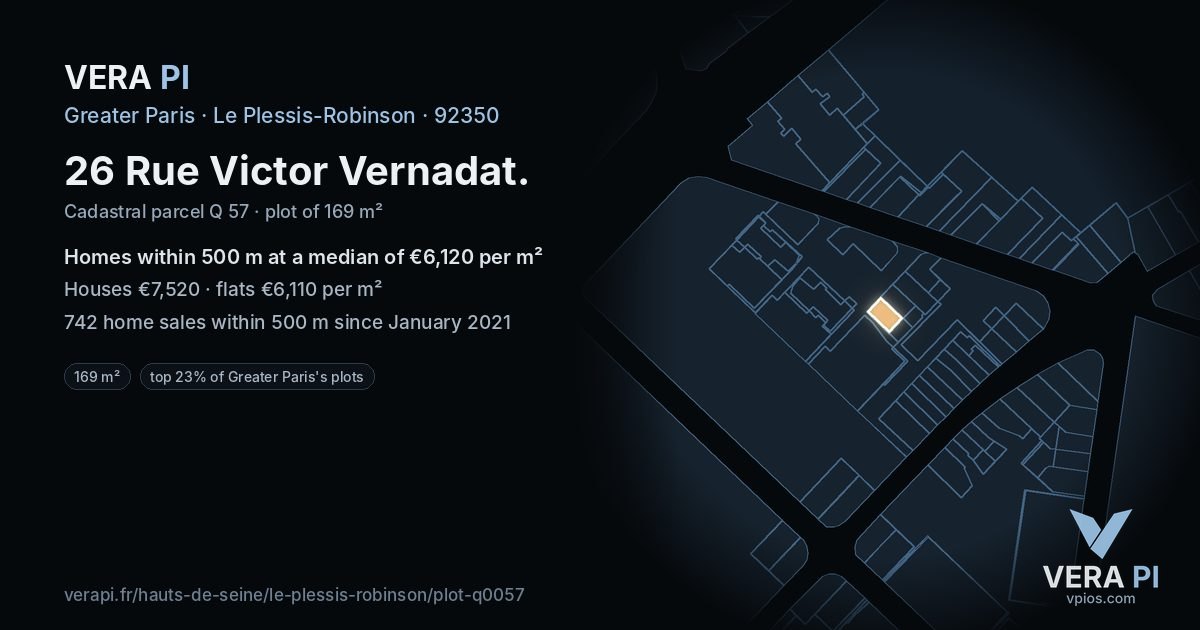 26 Rue Victor Vernadat, Le Plessis-Robinson at night – the plot lit, the parcels around coloured by the prices near them